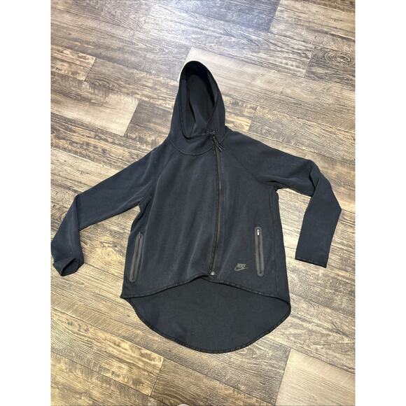 Womens Nike Tech Fleece Cape Jacket Size M Black Off Center Zipper Full Zip - Picture 1 of 9